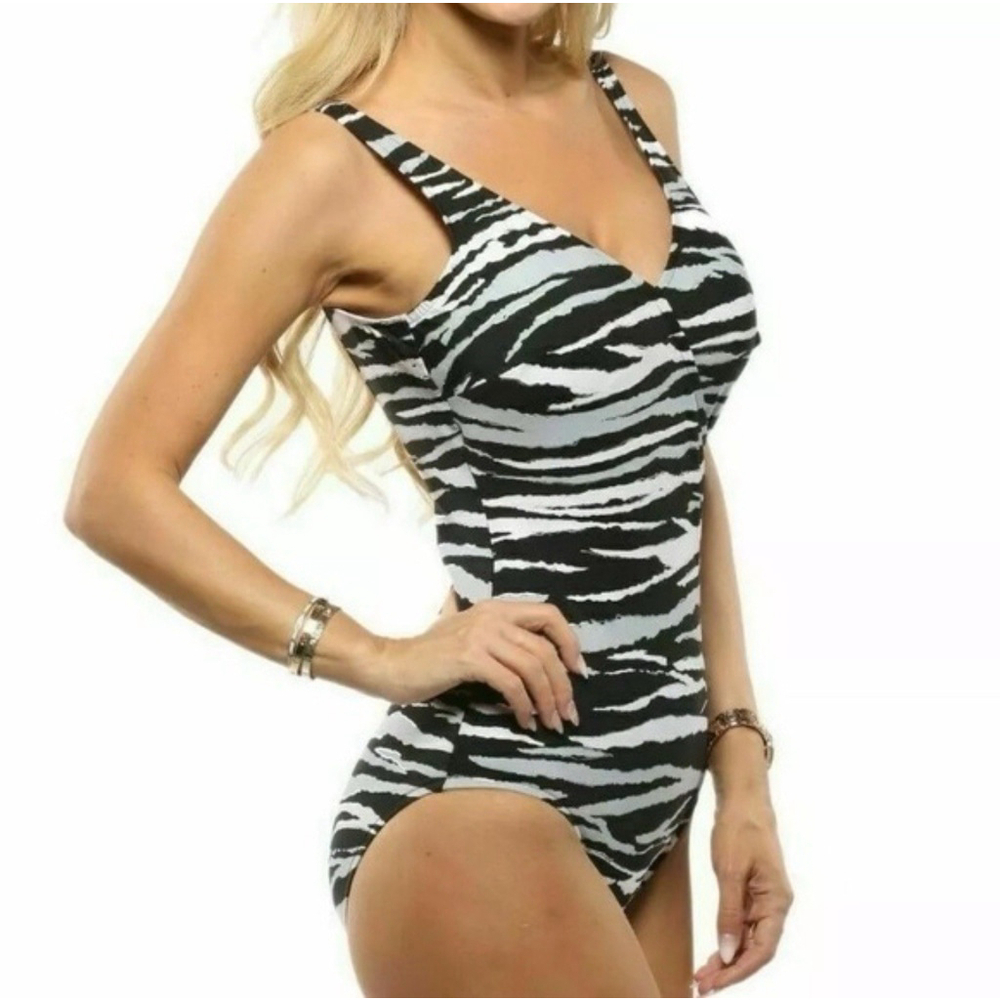 Magicsuit Black White Zebra Metallic Stripe 1 PC Swimsuit Modest Soft Cup 16